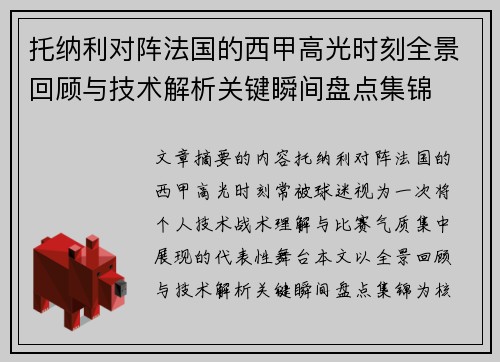 托纳利对阵法国的西甲高光时刻全景回顾与技术解析关键瞬间盘点集锦
